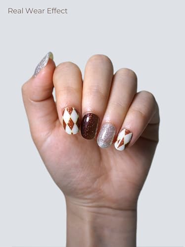 Real Gel Nail Strips (No UV Light Needed) - 44Pcs Salon Quality Nail Stickers - Long Lasting Polish Wraps for Women, Easy Apply & Remove (Brown Check) - color: Brown Check Sparkle