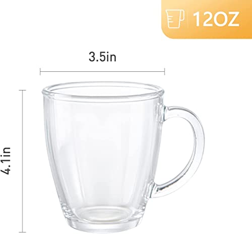 D.M DESIGN·MASTER [6 Pack,12 OZ] - Premium Glass Coffee Mugs with Handle, Transparent Tea Glasses for Hot/Cold Beverages, Perfect for Americano, Latte or Macchiato, Beverage.