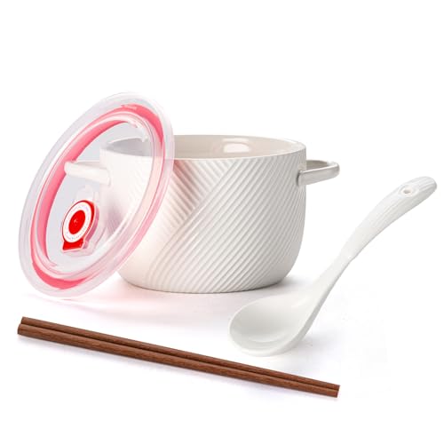 Ceramic Ramen Bowl with Lid, 32oz Microwave Safe, White - color: White