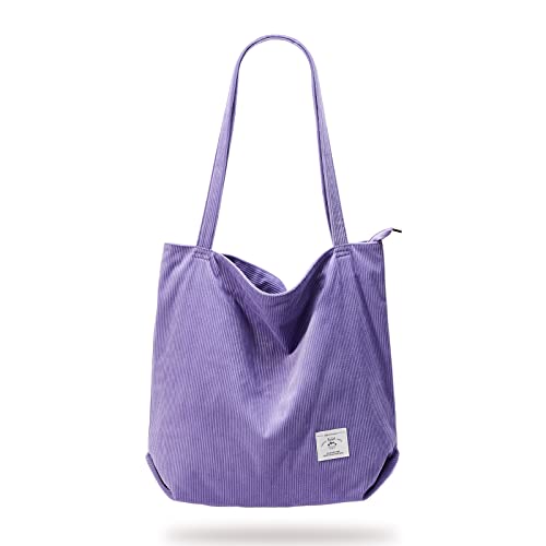 KALIDI Women Corduroy Tote Bag Zipper Casual Tote's Handbag Big Capacity Shoulder Bag with Pockets - color: Purple