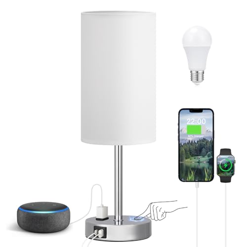Fenmzee 17.4" White Lamp for Bedroom - Dimmable Touch, USB A+C, AC Outlet - color: White - Silver, size: 17.4"