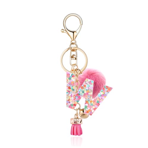 Resin Alphabet Initial Letter Keychain Keyring for Women Purse Handbags With Fur Ball Pom - color: Deep Pink Fur Ball Letter W