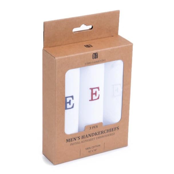 Initial Handkerchief for Men, Monogrammed Boxed 3 Piece Set,100% Cotton - color: E initial