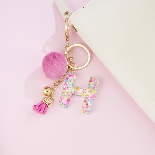 Resin Alphabet Initial Letter Keychain Keyring for Women Purse Handbags With Fur Ball Pom - color: Deep Pink Fur Ball Letter H