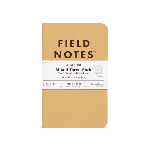 Field Notes: Original Kraft 3-Pack - Mixed Paper (1 Graph/Grid, 1 Ruled/Lined, 1 Plain/Blank) Memo Books - 48 Page Pocket Notebooks - 3.5" x 5.5" - color: Mixed Paper