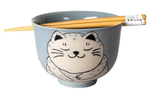 Ebros Gift Artistic Donburi Ramen Udon Noodles Soup Salad 5" D 18Oz Bowl With Bamboo Chopsticks And Built In Rest Set Asian Dining Kitchen Accent (Blue Chubby Kitty Cat) - color: Blue Chubby Kitty Cat