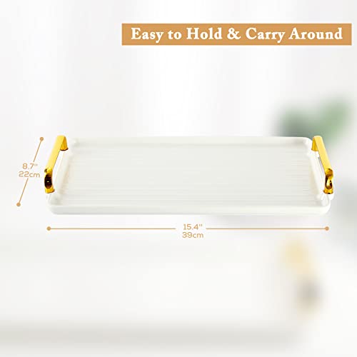 DUJUST Porcelain Serving Tray with Golden Handles, Modern Nordic Style Coffee Table Tray, Beautiful Tea Tray Decor for Living Room, Easy to Use & Clean - color: Golden Handles