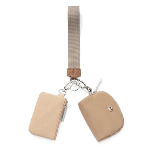 Keychain Wallet Mini Zip Around Wristlet Wallets for Women Detachable Dual Pouch Wristlet Portable Coin Purse Small Wallets - color: Khaki+Brown