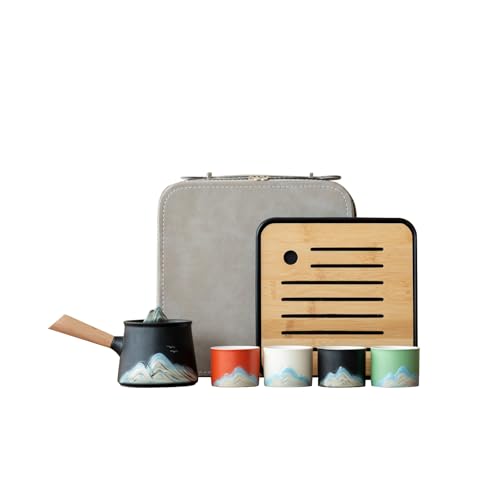 Portable Chinese Tea Set with Carry Bag - Black Complete Gongfu Teapot Set Includes Side Handle, 4 Color Cups,Tea Tray & Strainer, Artistic Travel Teapot Kit for Camping, Office, Home & Gifts - color: Black Side-Handle Teapot & 4-Color Teacups