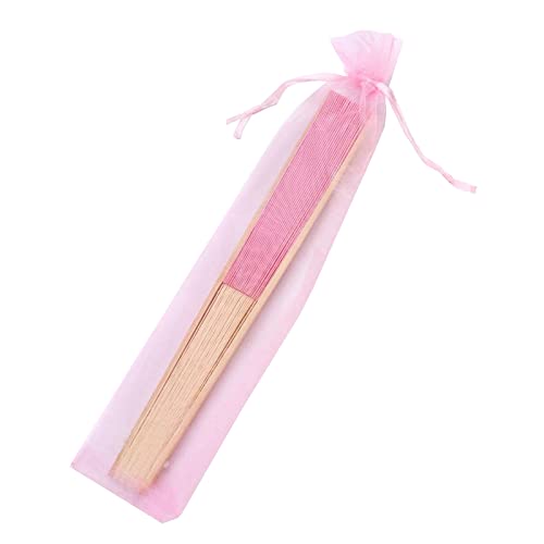 50pcs Paper Hand Fan with Organza Bags Bamboo Handheld Folding Fan DIY Decorative Wedding Party Favors (Pink) - color: Pink