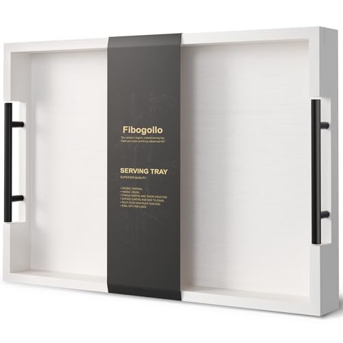 Fibogollo Bamboo Serving Trays with Metal Handles,Large(White) - style: White-Large