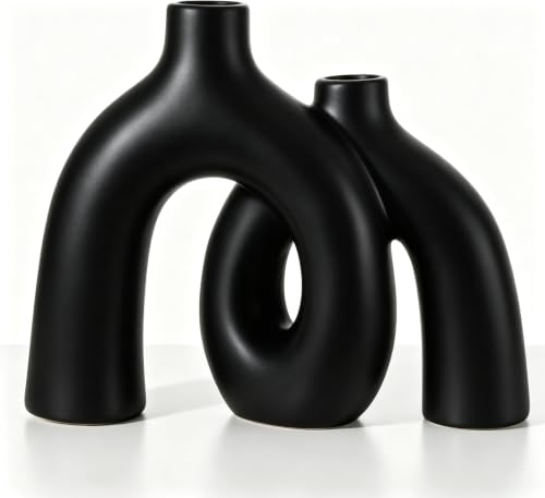 CEMABT Modern Nordic Boho Vase Set - Elegant Black Matte Ceramic Home Decor for Living Room, Bookshelf, Mantel, Entryway Table & Console Décor | Shelf Decorations Gift - color: Black-1