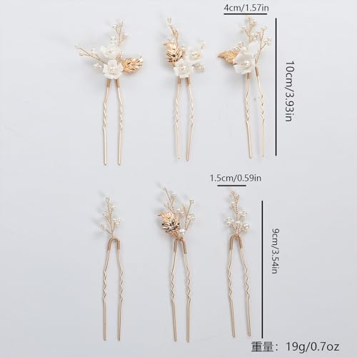 Handmade Pearl Bridal Wedding Hair Pins 6Pcs White Ceramic Flowers Gold Leaf Pearls Clips Wedding Hair Accessories for Women Brides Bridesmaid (Gold) - color: Gold