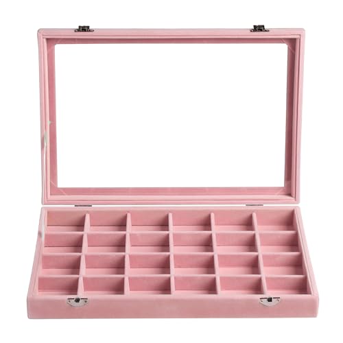 Frebeauty 24 Grid Earring Organizer,Velvet Jewelry Tray with Clear Lid - color: Pink, size: 24 Grid