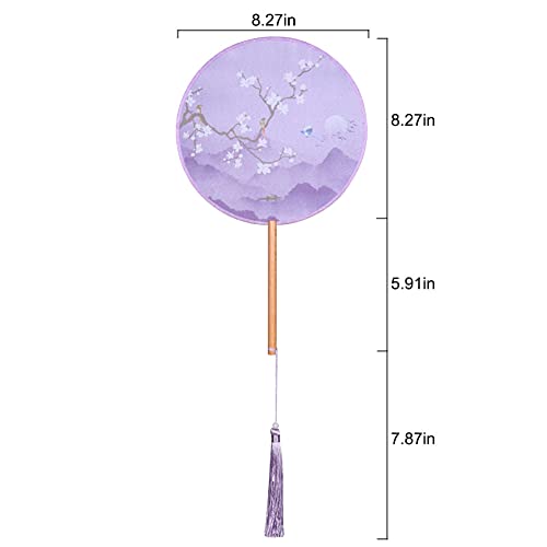 BAOZOON 4 Pcs Silky Translucent Ancient Round Fan Classic Silk Hand Held Fan Floral Pattern Palace Paddle Dance Fan with Tassel Wooden Handle Wedding Favor Gift Home Decor - color: Purple