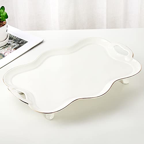 DUJUST Porcelain Serving Tray with Handles, Luxury British Style Coffee Table Tray with Golden Rim, Beautiful Tea Tray Decor for Living Room, Easy to Use & Clean - color: Golden Rim