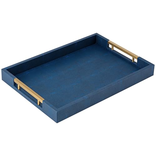 Navy Blue Faux Leather Serving Tray with Handles – Large Decorative Tray for Coffee Table, Ottoman, Living Room, Bathroom – Home Decor - color: Blue, size: 20" x 14" x 2"