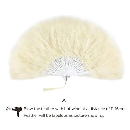 BABEYOND 1920s Marabou Feather Folding Hand Fan - color: Champagne