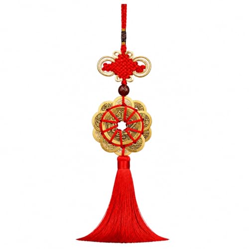 Feng Shui Coins with Red Chinese Knot, Lucky Coin Hanging Charm for Wealth and Good Fortune, Traditional Chinese Decor Ornament for Home, Car, Office