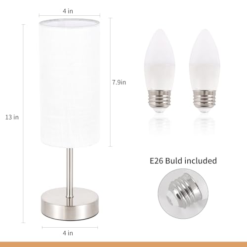 RISLG 2 Pack Small Table Lamp for Bedroom, Bedside Lamp for Nightstand, Minimalist Modern Desk Lamp with Linen Fabric Shade for Living Room, Office, Kids Room, Dorm, LED Bulb Included - color: 2 Pack White-Silver, size: 13in