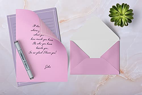 Better Office Products Mini Stationery Set, 100 Piece Set (50 Lined Sheets + 50 Matching Envelopes), 4 Solid Colors, Thin White Border, 5.5 x 8.25 inch, Double Sided Printing, One Side Lined Paper,