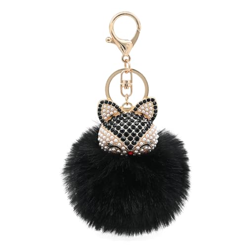 Faux Rabbit Fur Pom Pom Keychain with Fox Head - color: Black