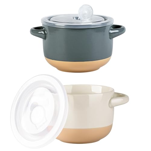 AmorArc 24 oz Soup Bowls with Lids, Ceramic Soup Containers with Handle - color: Beige&Gray, size: Set of 2
