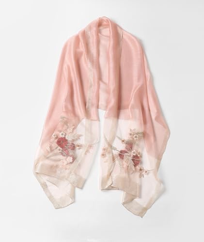 Jeelow Long Silk Blend Embroidered Floral Shawl Scarf Wrap for Women - color: Pink Embroidery