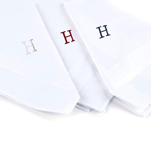 Initial Handkerchief for Men, Monogrammed Boxed 3 Piece Set,100% Cotton - color: H Initial
