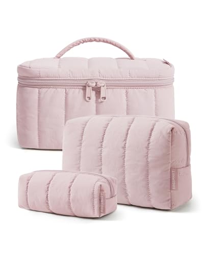 BAGSMART Travel Makeup Bag Set, 3 Pc Puffy Cosmetic Pouch, Pink - color: Pink
