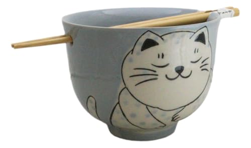 Ebros Gift Artistic Donburi Ramen Udon Noodles Soup Salad 5" D 18Oz Bowl With Bamboo Chopsticks And Built In Rest Set Asian Dining Kitchen Accent (Blue Chubby Kitty Cat) - color: Blue Chubby Kitty Cat