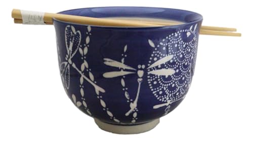 Ebros Gift Artistic Donburi Ramen Udon Noodles Soup Salad 5" D 18Oz Bowl With Bamboo Chopsticks And Built In Rest Set Asian Dining Kitchen Accent (Blue Tombo Dragonfly) - color: Blue Tombo Dragonfly
