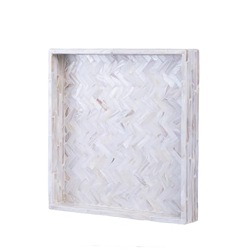 PEMAR 11" Square Mother of Pearl Decorative Tray - Herringbone Shell - color: Creamy White Herringbone