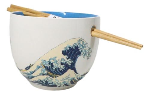 Ebros Gift Artistic Donburi Ramen Udon Noodles Soup Salad 5" D 18Oz Bowl With Bamboo Chopsticks And Built In Rest Set Asian Dining Kitchen Accent (Great Wave Of Kanagawa Hokusai) - color: Great Wave Of Kanagawa Hokusai