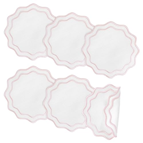 Set of 6 Pink Cotton Linen Coasters 5.5 Inch Embroidery Scalloped Coasters Floral Drink Mats for Table Decor Washable Fabric Cup Mats for Wedding Tea Party Festival Spring Holiday Entertaining - color: Pink