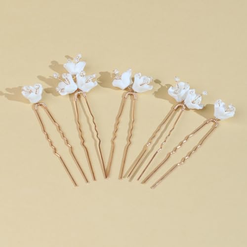 Handmade Pearl Bridal Wedding Hair Pins 6Pcs White Ceramic Flowers Gold Leaf Pearls Clips Wedding Hair Accessories for Women Brides Bridesmaid (Set-D-Gold) - color: Set-D-Gold