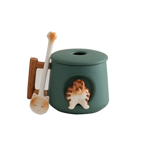 DIHOclub Adorable 3D Ceramic Animal Mug with Lid and Spoon - Perfect for Coffee, Tea, Milk, and More - Ideal Gift for Animal Lovers - 14 Ounces (Green Cat's tail) - color: Green Cat's tail