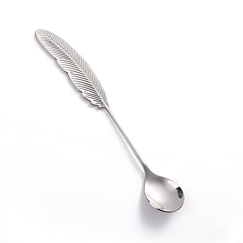 10 Pieces Dessert Spoons Stainless Steel, Cute Teaspoons Set, Espresso Spoons for Coffee Tea Ice Cream Cake Pudding Dessert Condiment, Coffee bar Stirring Spoons, Feather Shape 6.1 inch - size: Silver