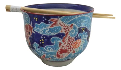 Ebros Gift Artistic Donburi Ramen Udon Noodles Soup Salad 5" D 18Oz Bowl With Bamboo Chopsticks And Built In Rest Set Asian Dining Kitchen Accent (Red Koi Fishes In Blue Waters) - color: Red Koi Fishes In Blue Waters
