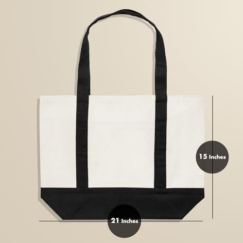 Carrywell (Not Made In China) Canvas Tote Bag With Front Pocket, 15"x 21", Reusable Grocery Shopping Bags, Top Zipper Closure - color: Natural W/Black Trim