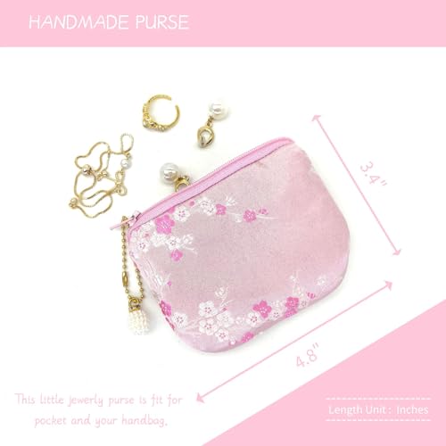 Handmade Women Coin Purse Brocade Rosary Bag Silk Jewelry Pouch Zipper Wallet - Pink - color: Pink