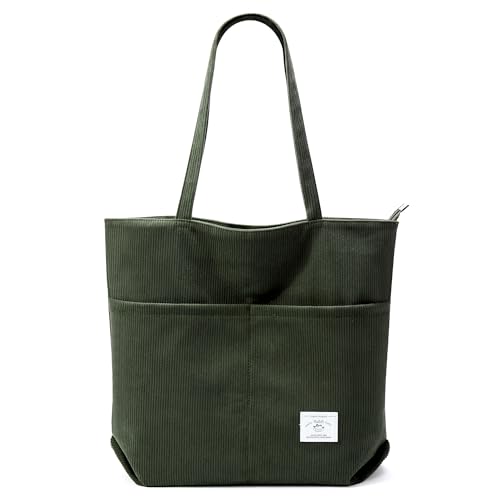 KALIDI Women Corduroy Tote Bag Zipper Casual Tote's Handbag Big Capacity Shoulder Bag with Pockets - color: D-army Green