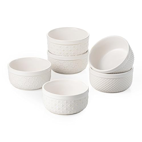 Ramekins 6 oz, Set of 6 Small Ceramic Bowls with 3 Embossed Patterns - size: 6 oz
