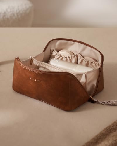EACHY Travel Makeup Bag for Women, PU Leather Cosmetic Bag, Brown, Medium - color: C - Brown, size: Medium