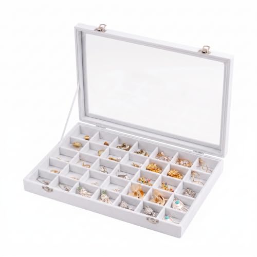 Frebeauty 35 Grid Earring Organizer,Velvet Jewelry Tray with Clear Lid - color: White, size: 35 Grid