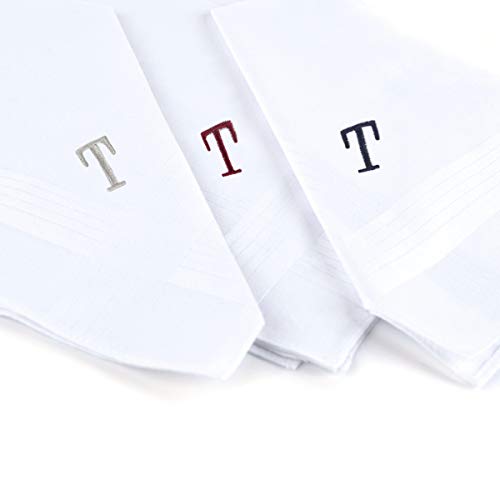 Initial Handkerchief for Men, Monogrammed Boxed 3 Piece Set,100% Cotton - color: T initial
