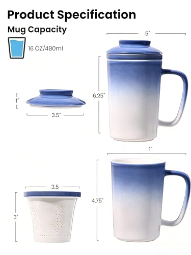 Ceramic Tea Mug with Infuser and Lid,16oz Porcelain Loose Leaf Tea Cup with Large Handle,Metal-Free Filter,Microwave &Dishwasher Safe,Perfect for Tea,Coffee (Light Blue) - color: Light Blue