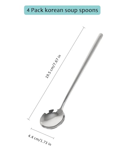 Korean Soup Spoons with Long Handles: 18/10 Stainless Steel 7.67'' Large Round Soup Spoons,4 Pack Asian Metal Dinner Spoon Set with Round Edge for Coffee,Desserts,Dishwasher Safe - size: 7.67 inch silver