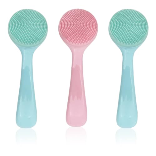 3-Pack Blue & Pink Soft Silicone Facial Cleansing Brushes, Manual Exfoliating Face Scrubbers for Deep Cleaning, Makeup & Blackhead Removal, Waterproof Skin-Friendly Face Cleaners ﻿ ﻿