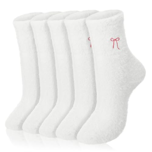 Geyoga 5 Pairs Fuzzy Bow Socks for Women Fluffy Slipper Gift - color: White